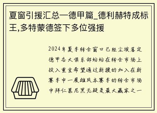 夏窗引援汇总—德甲篇_德利赫特成标王,多特蒙德签下多位强援
