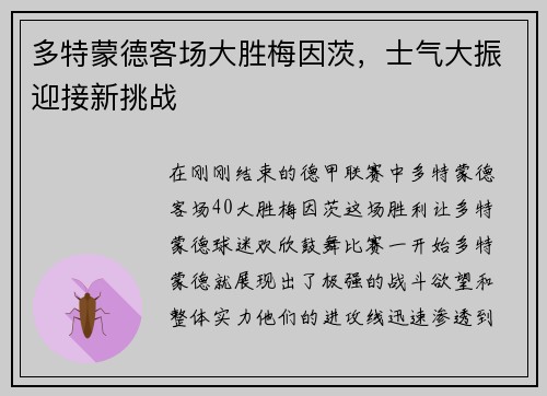 多特蒙德客场大胜梅因茨，士气大振迎接新挑战